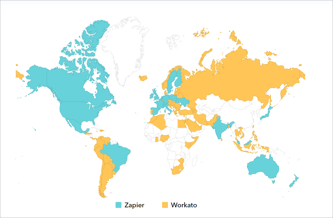 Global map showing worldwide popularity of Zapier vs. Workato