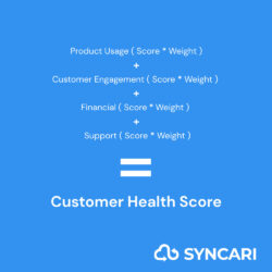 Customer Health Score Formula Example: Customer Health Score = (Product Usage Score * Product Usage Weight) + (Customer Engagement Score * Customer Engagement Weight) + (Financial Score * Financial Weight) + (Support Score * Support Weight)